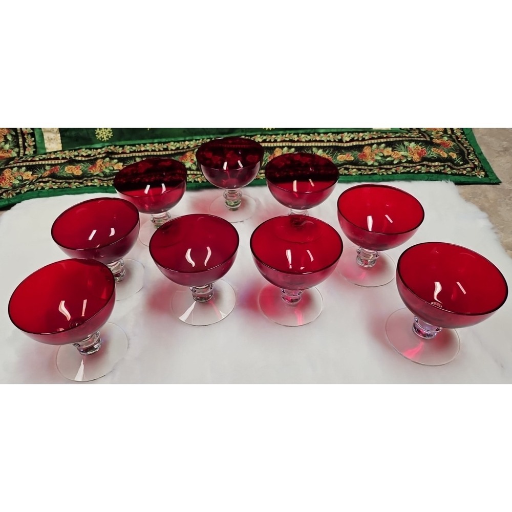 Vintage Ruby Red Sherbet glasses with Clear pedestal set of 9